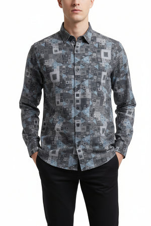 Grey digital print cotton shirting fabric by PEE GEE, showcasing intricate unstitched textile design for stylish dressmaking.