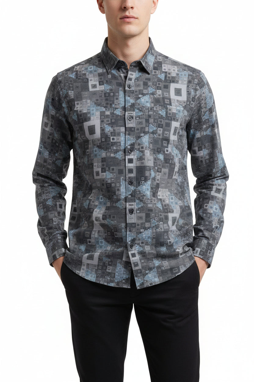 Grey digital print cotton shirting fabric by PEE GEE, showcasing intricate unstitched textile design for stylish dressmaking.