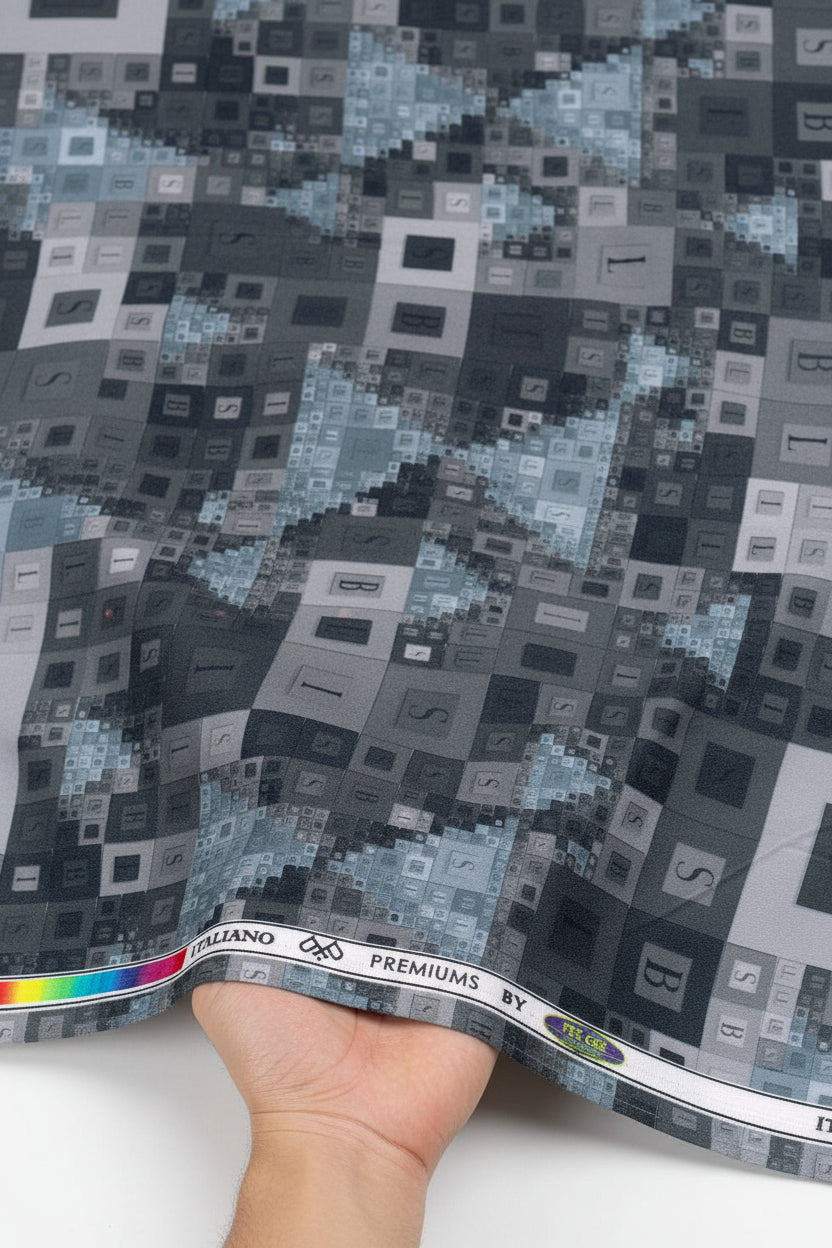 Grey digital print cotton shirting fabric by PEE GEE, showcasing intricate patterns on smooth, unstitched cotton material.