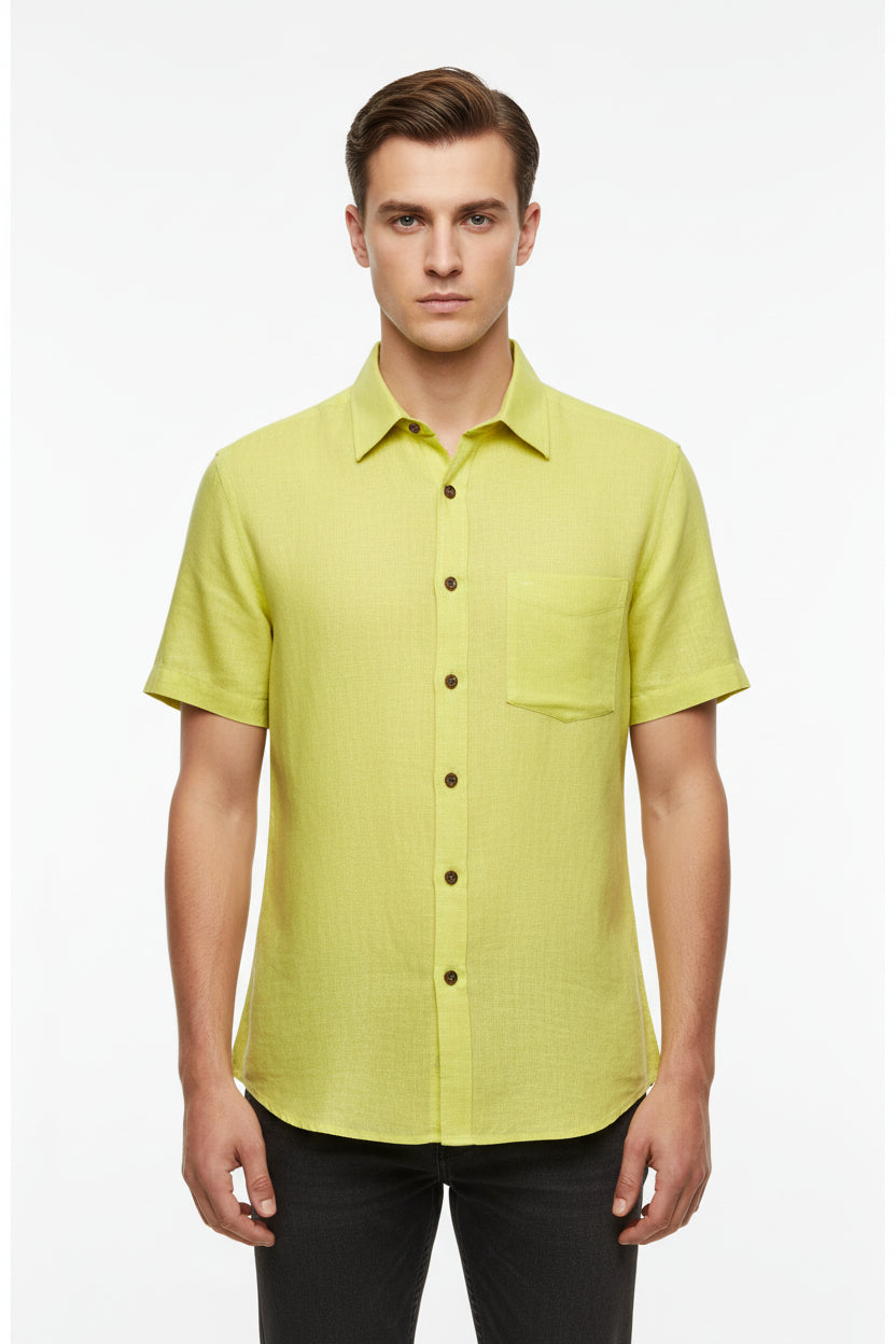 A close-up of a bright yellow-green linen fabric texture with a white header strip at the top containing blue printed text.