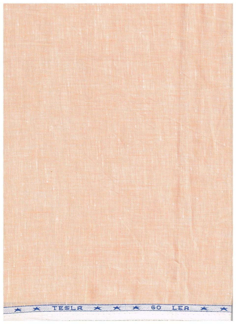 A square piece of light peach-colored linen fabric with a blue patterned border at the top edge. 