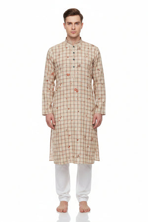 Brown Pee Gee Cotton Checks Shirting Fabric by ARVIND with classic check pattern and soft cotton texture.