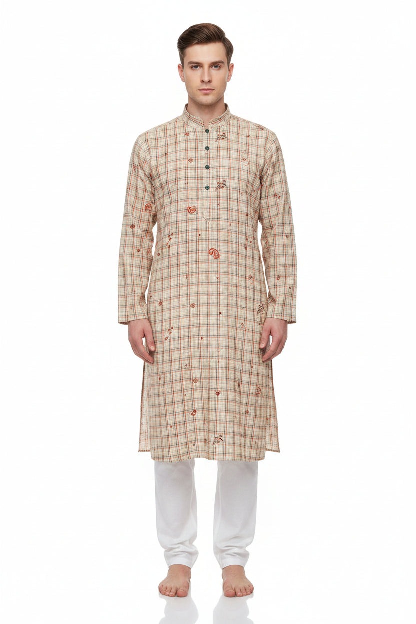 Brown Pee Gee Cotton Checks Shirting Fabric by ARVIND with classic check pattern and soft cotton texture.