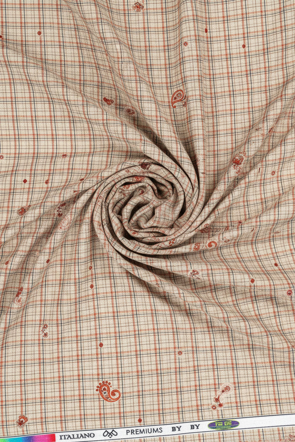 Pee Gee Cotton Shirting Fabric with brown check pattern, soft woven material suitable for shirts and tailored garments.