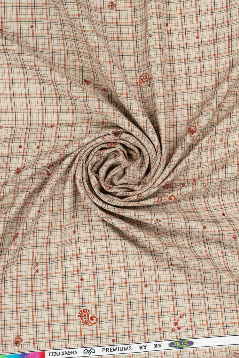 Brown Pee Gee Cotton Checks shirting fabric by ARVIND showing close-up of checked cotton material.