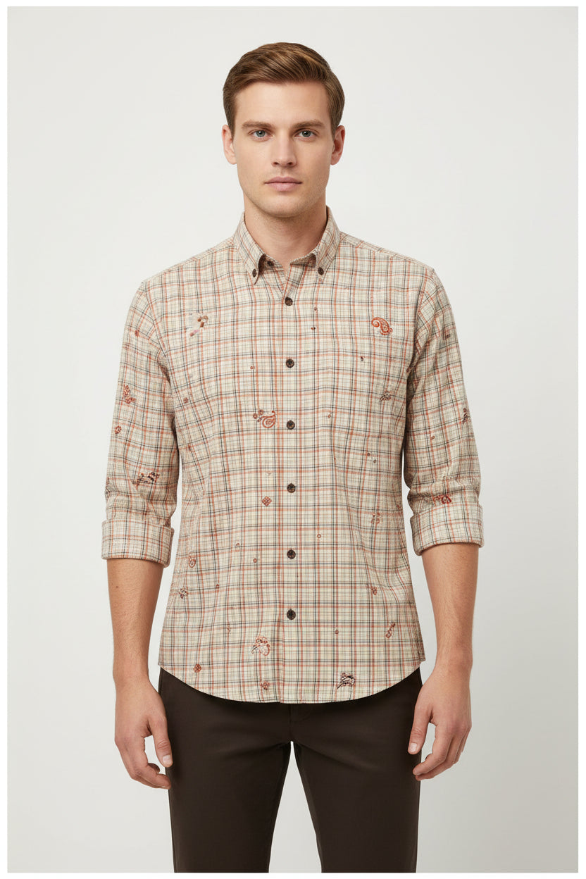 Brown Pee Gee cotton checks shirting fabric by ARVIND, showcasing a classic checked pattern on smooth cotton material.