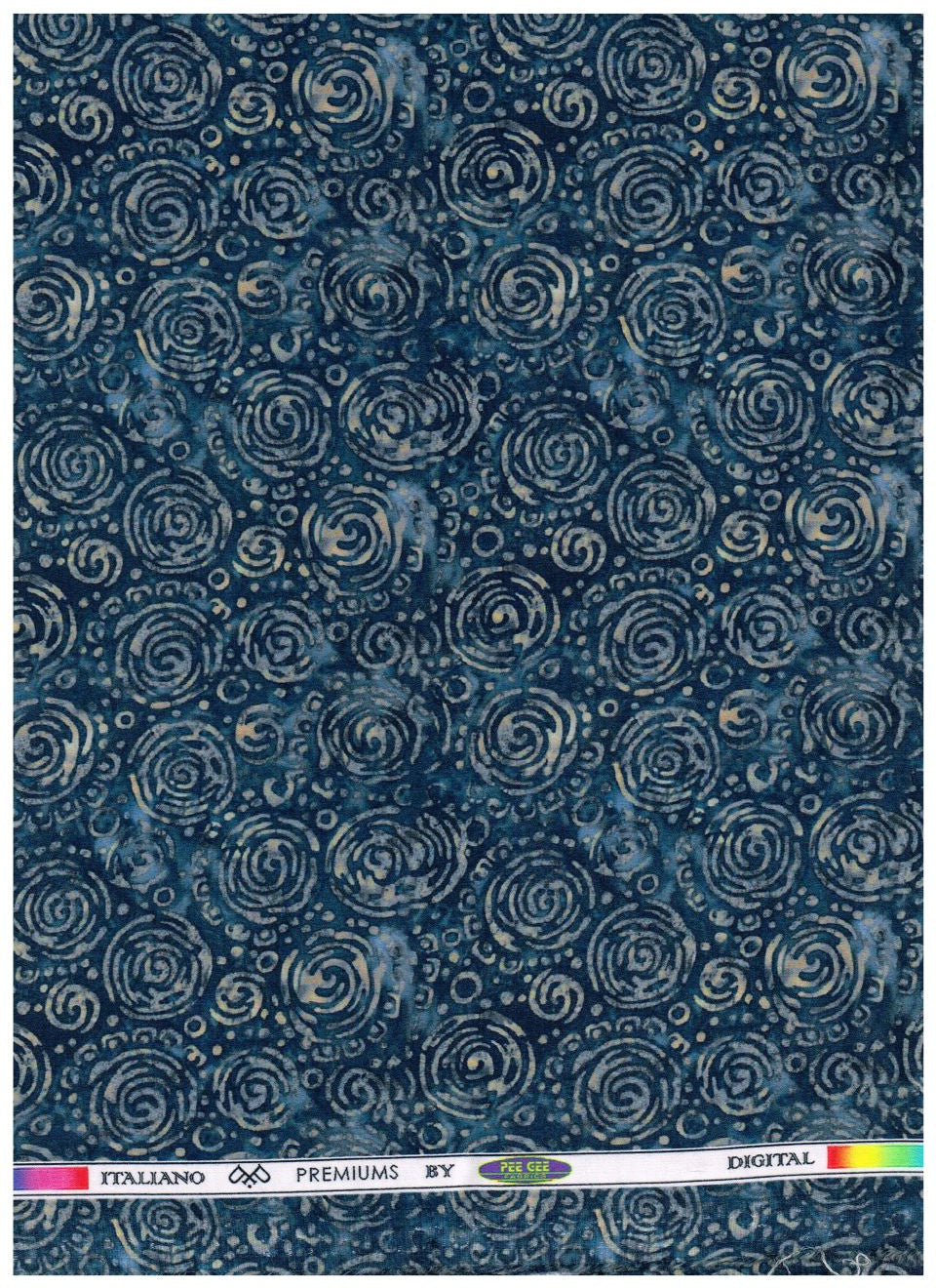 Italiano Premium 19 cotton fabric with a dark blue background and a repeating pattern of swirling, hand-drawn style spirals in beige and light blue.