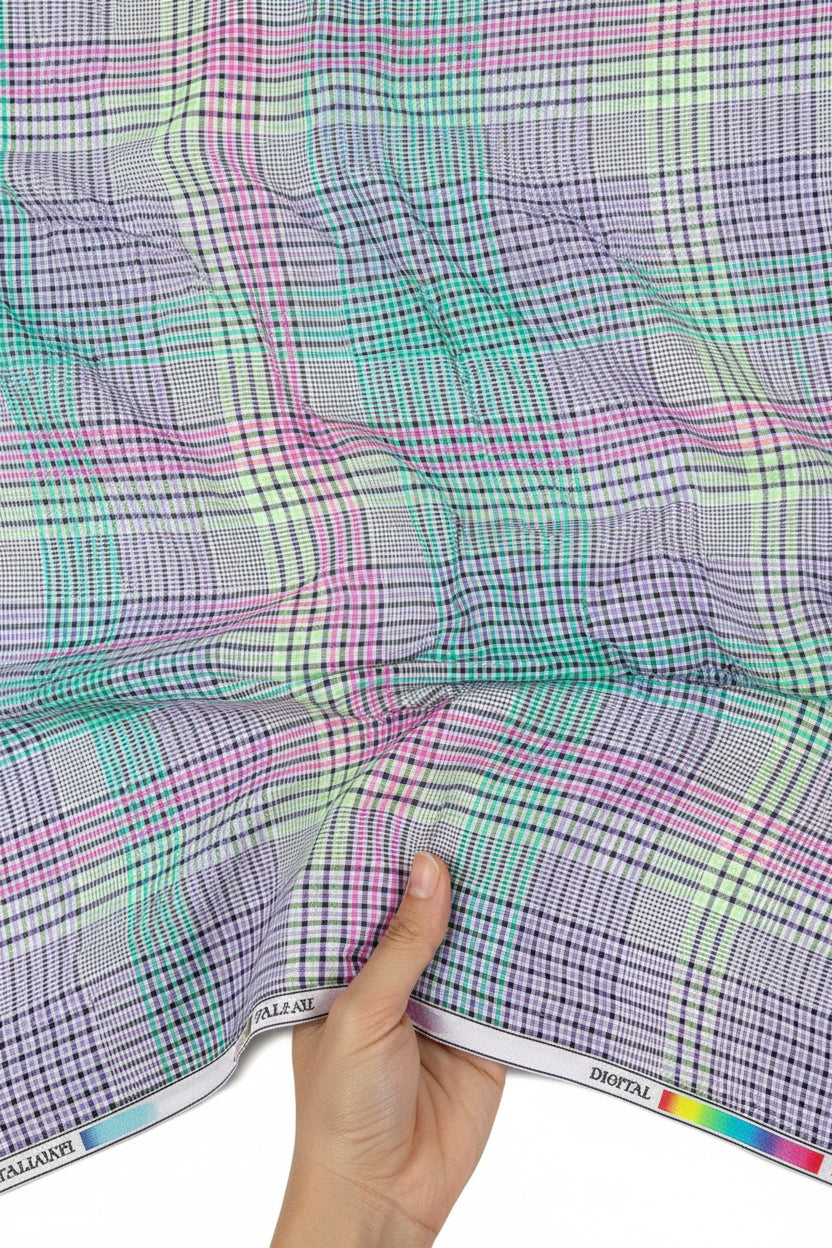 ARVIND Pee Gee Cotton Checks Shirting Fabric in turquoise blue showing a close-up of checkered pattern and fabric texture.