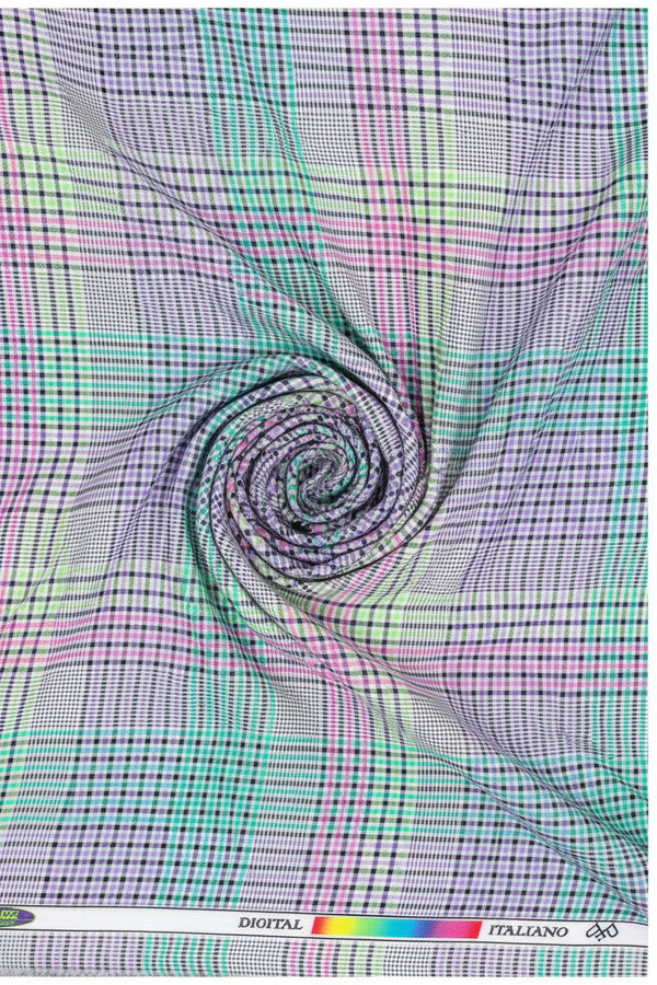 Color swatch with a plaid pattern and brand label at the top.