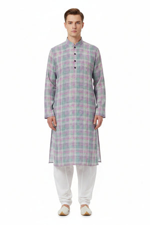 Turquoise blue Pee Gee cotton checks shirting fabric by ARVIND with a classic checkered pattern, ideal for shirts and dressmaking.