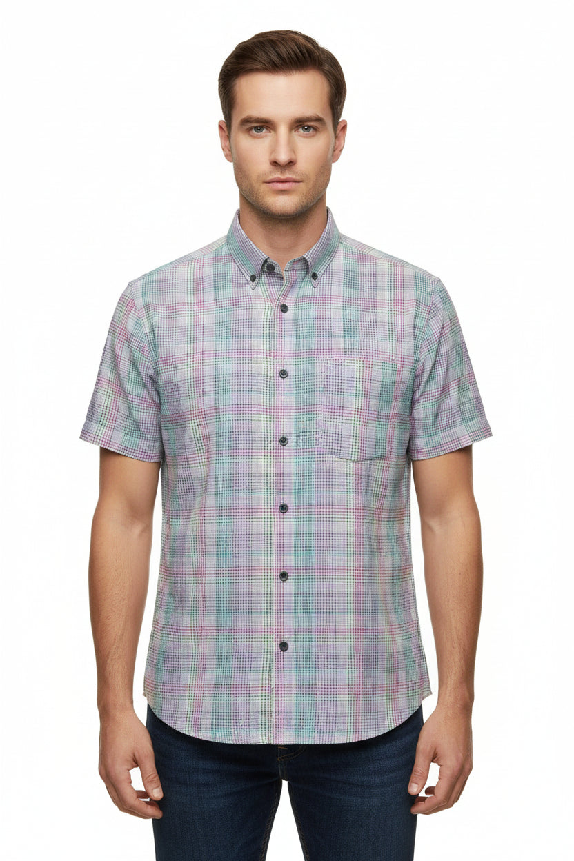 Turquoise blue Pee Gee cotton checks shirting fabric by ARVIND, showing a close-up of the checked pattern and fabric texture.