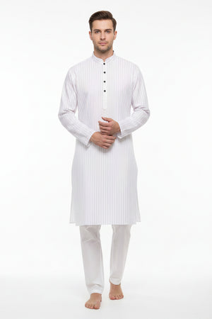 White striped shirting fabric by ARVIND with subtle blue and gray stripes, showcasing smooth cotton weave and textile texture.