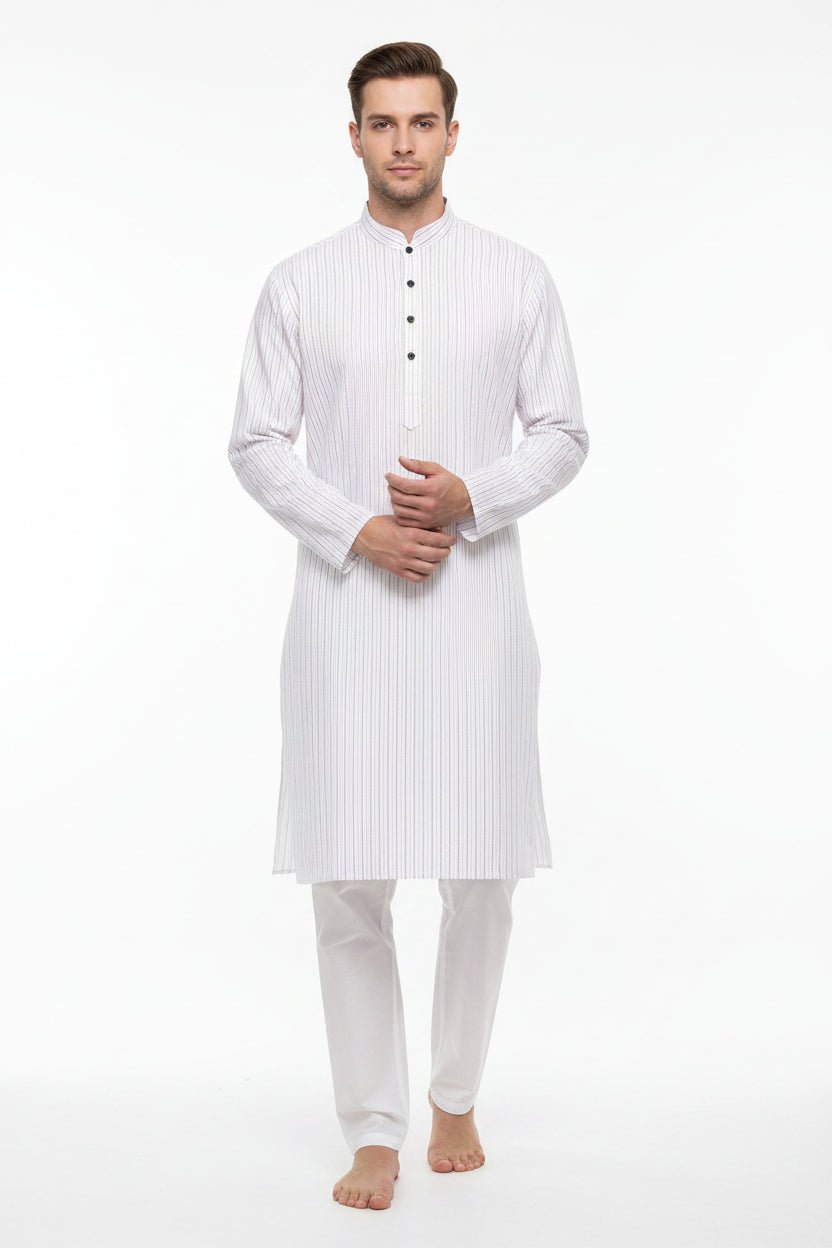 White striped shirting fabric by ARVIND with subtle blue and gray stripes, showcasing smooth cotton weave and textile texture.