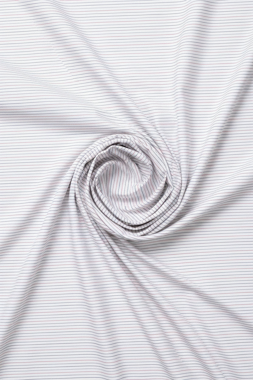 White striped shirting fabric by ARVIND, showing a close-up of the textured cotton material with blue and white stripes.