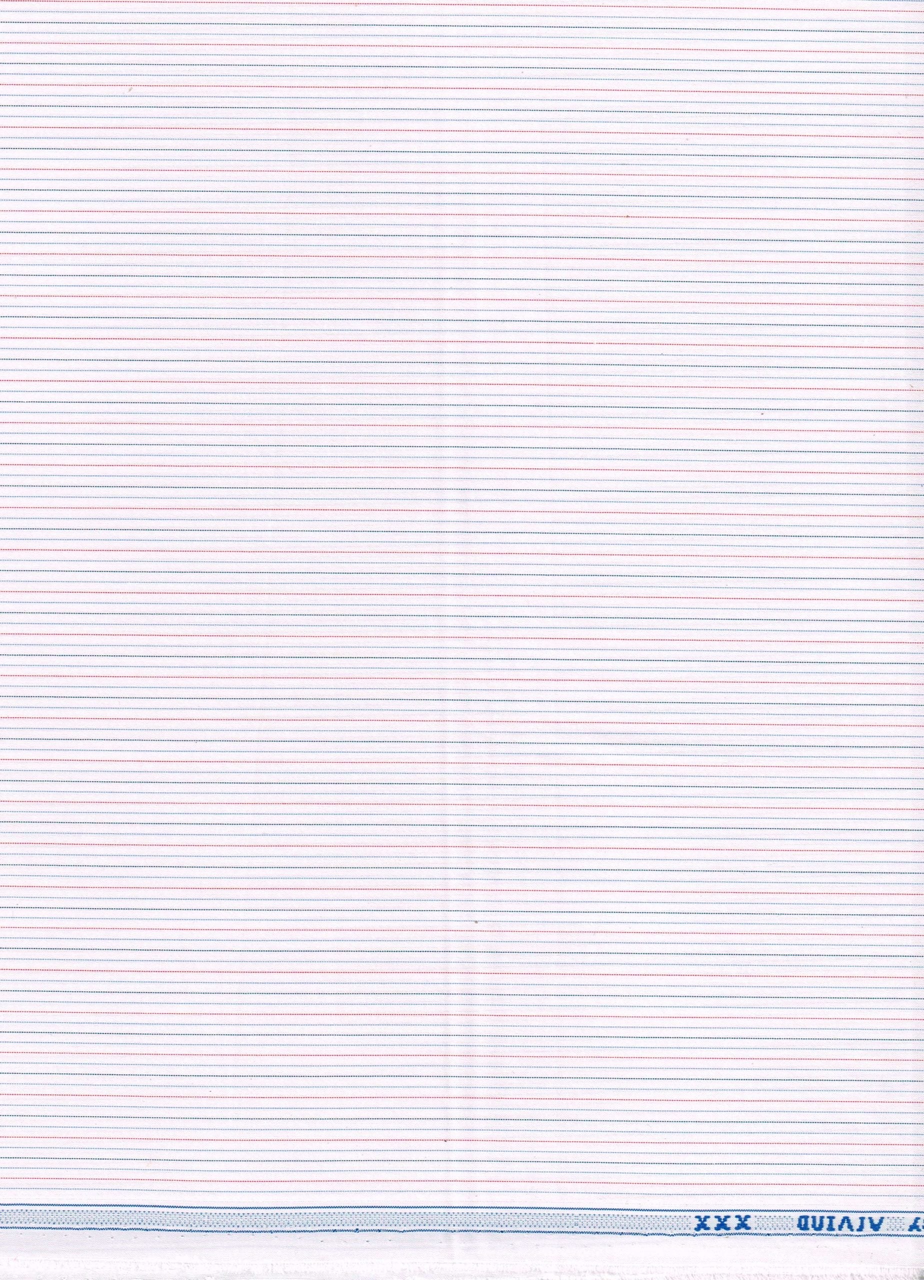 White striped shirting fabric by ARVIND, close-up of textured cotton material with subtle blue and white stripes.