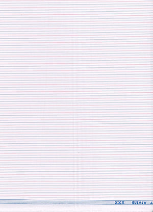 White striped shirting fabric by ARVIND, close-up of textured cotton material with subtle blue and white stripes.