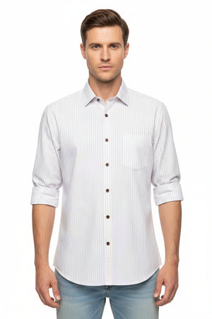 White shirting fabric with blue and gray stripes by ARVIND, showing the fabric's pattern and texture suitable for dress shirts.