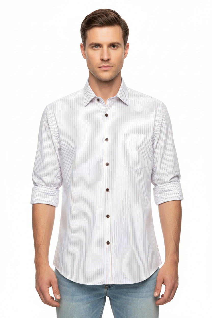 White shirting fabric with blue and gray stripes by ARVIND, showing the fabric's pattern and texture suitable for dress shirts.