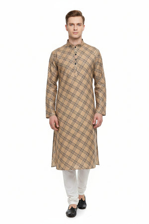 Brown Arvind Checks polyester cotton shirting fabric, unstitched material with a checkered pattern suitable for shirts.