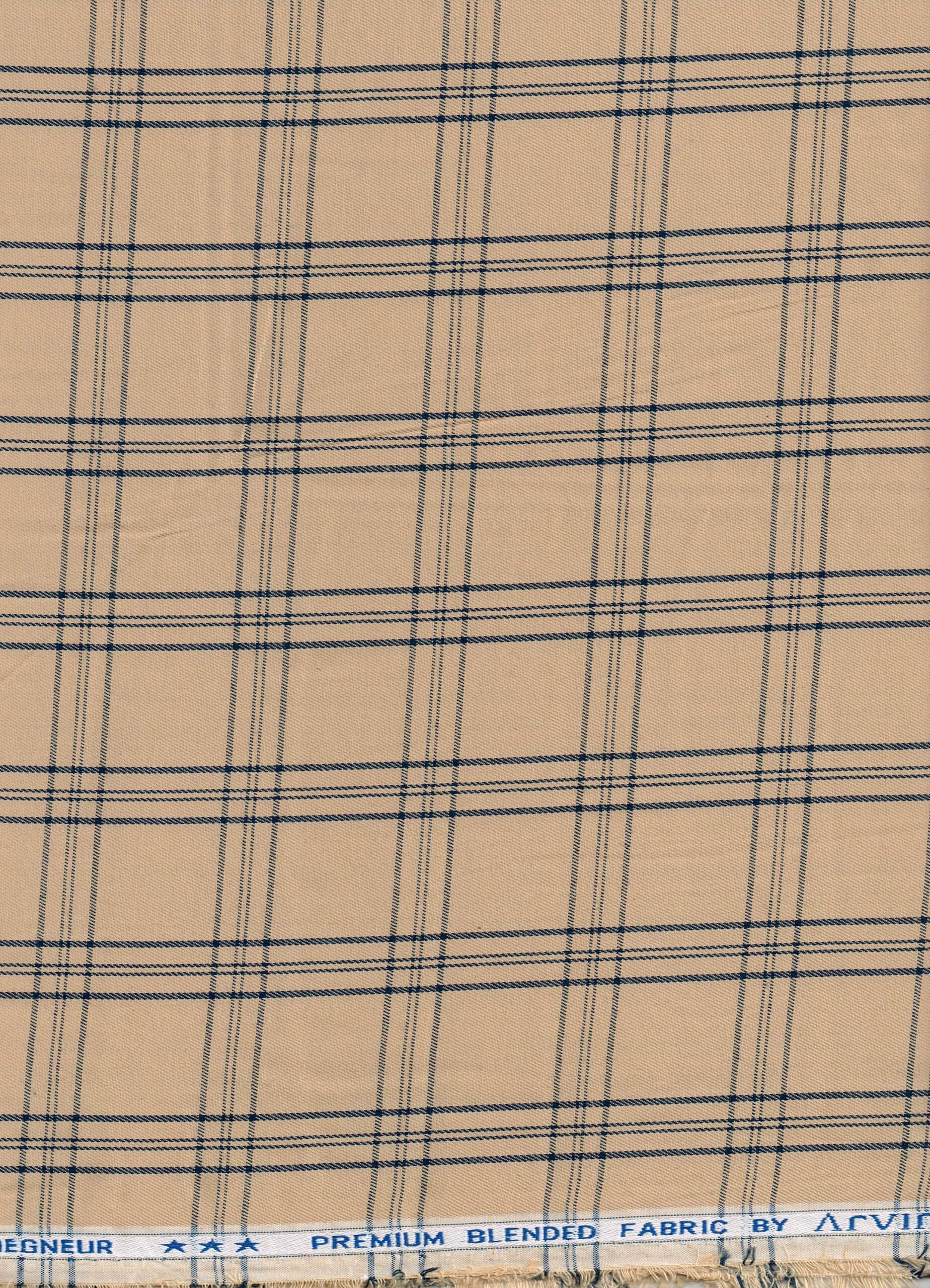 Brown Arvind Checks polyester cotton shirting fabric showing a close-up of the checkered pattern and fabric texture.