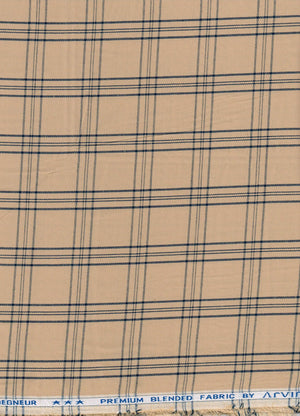 Brown Arvind Checks polyester cotton shirting fabric showing a close-up of the checkered pattern and fabric texture.