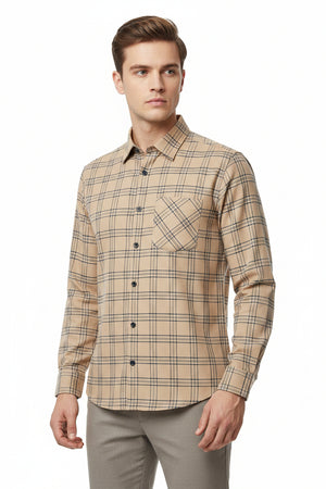 Brown Arvind Checks unstitched polyester cotton shirting fabric with a classic check pattern, ideal for tailored shirts.
