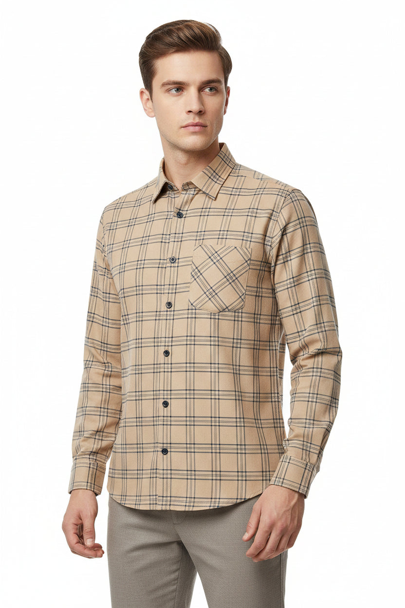Brown Arvind Checks unstitched polyester cotton shirting fabric with a classic check pattern, ideal for tailored shirts.