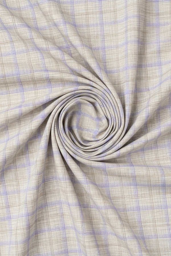 Light brown and lavender check Arvind Giza cotton PC shirting fabric, suitable for stylish dress shirts.