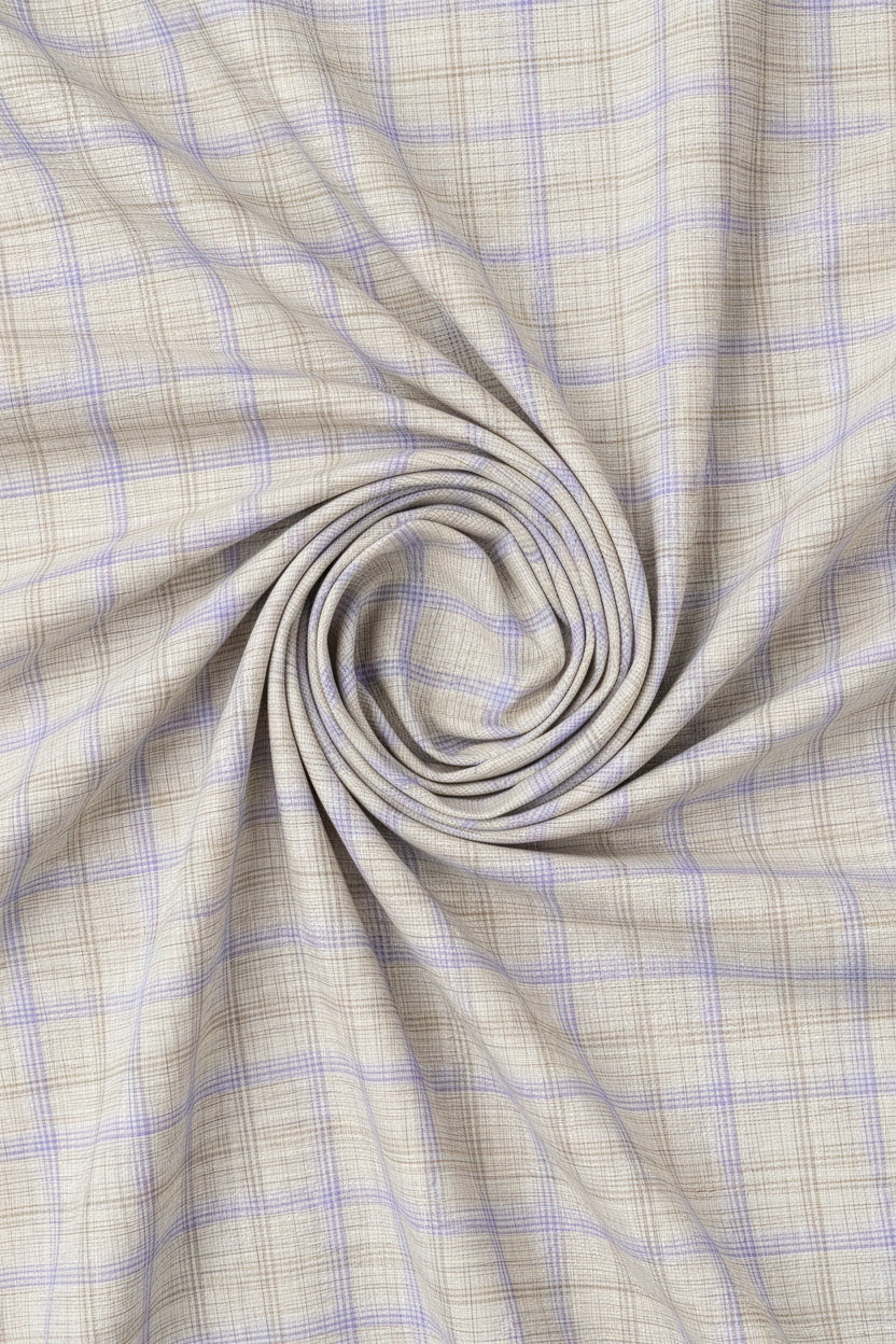 Light brown Arvind Checks unstitched shirting fabric with lavender checks, ideal for custom shirts, by ARVIND.