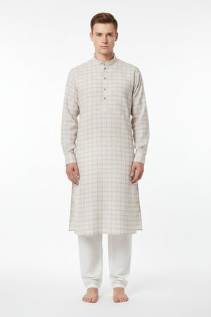 Light brown Arvind Checks unstitched PC shirting fabric with lavender check patterns, ideal for custom shirts and formal wear.