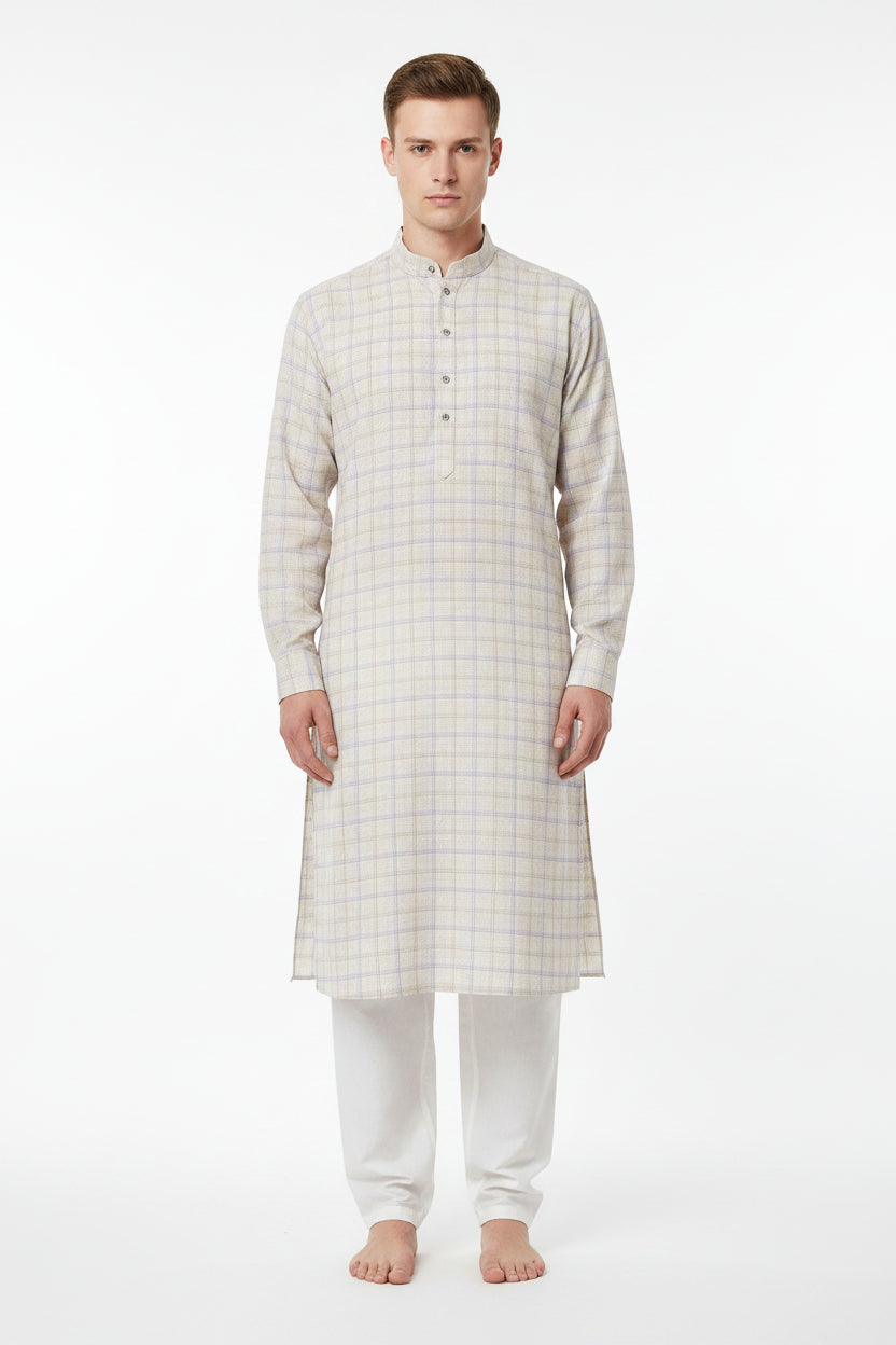 Light brown Arvind Checks unstitched PC shirting fabric with lavender check patterns, ideal for custom shirts and formal wear.