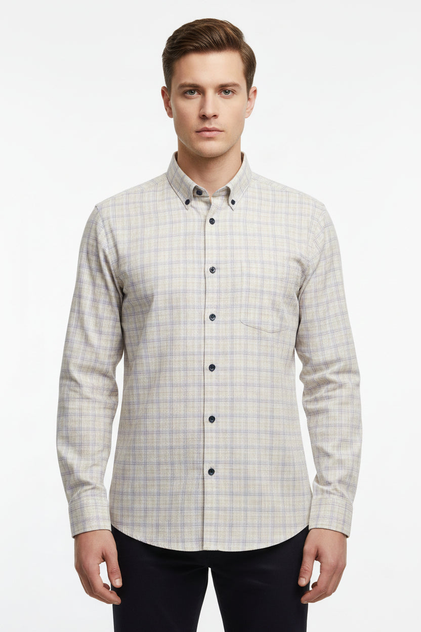 Light brown Arvind checks unstitched PC shirting fabric with lavender checks, suitable for custom shirts, shown in the image.