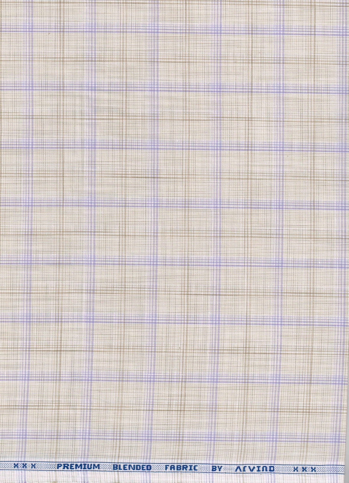 Light brown and lavender check Arvind unstitched PC shirting fabric, detailed close-up of the textured woven pattern.