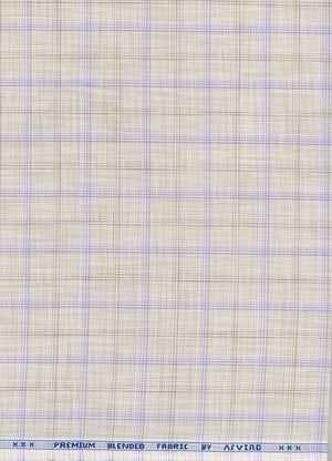 Light brown and lavender check Arvind unstitched PC shirting fabric, detailed close-up of the textured woven pattern.