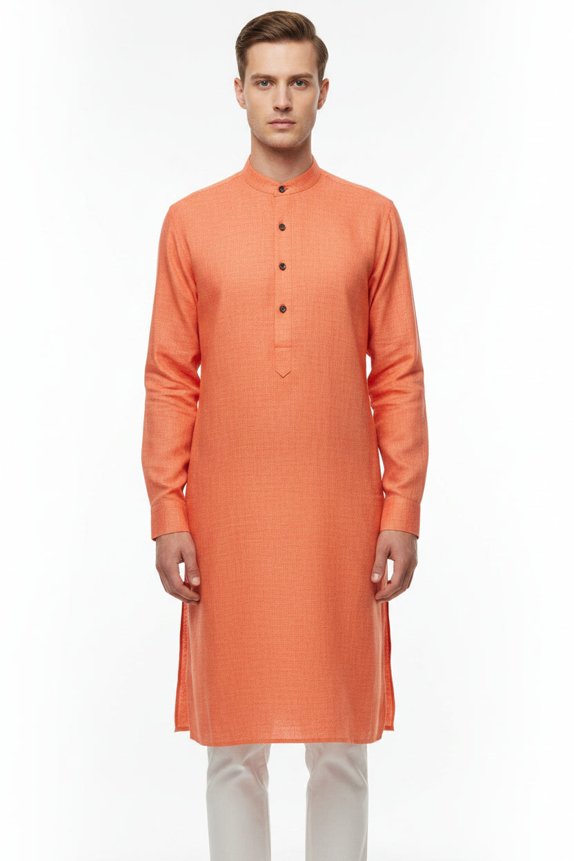 Orange Arvind pure linen shirt fabric swatch showing lightweight, textured linen material ideal for shirts.