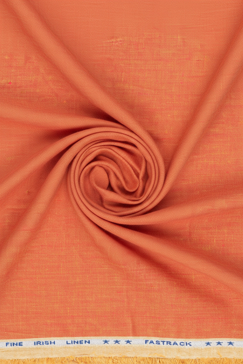Orange Arvind pure linen shirt fabric with a textured, lightweight woven pattern displayed in the image.