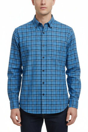 Blue Arvind Checks unstitched PC shirting fabric, showcasing a checkered pattern suitable for custom shirts.