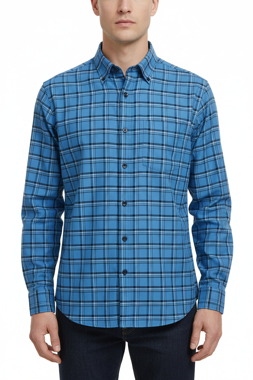 Blue Arvind Checks unstitched PC shirting fabric, showcasing a checkered pattern suitable for custom shirts.