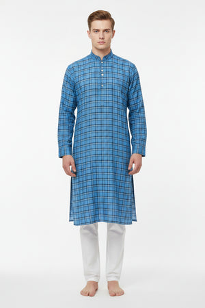 Blue Arvind Checks unstitched shirting fabric, soft cotton material with classic check pattern, ideal for custom shirts.