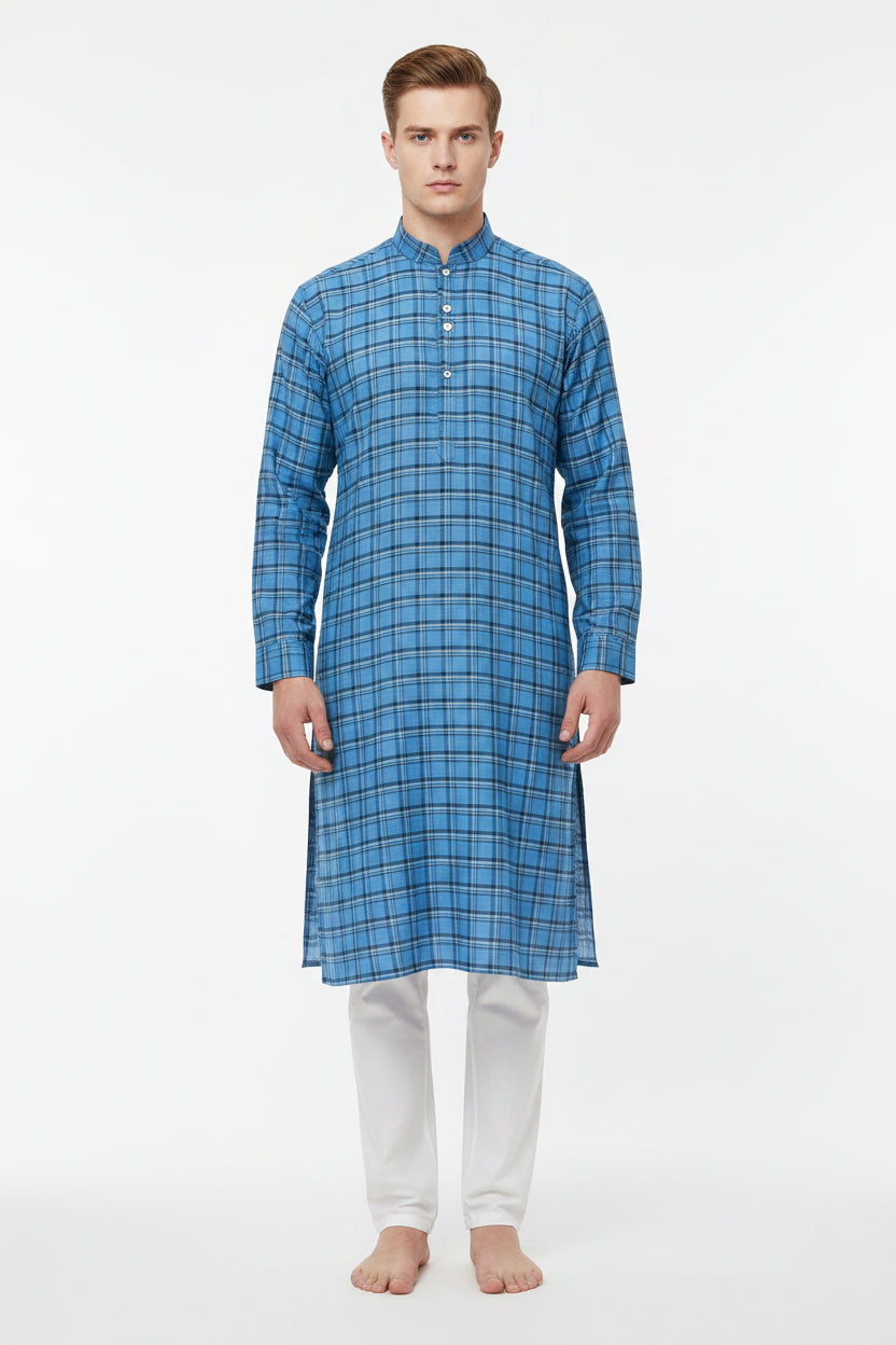 Blue Arvind Checks unstitched shirting fabric, soft cotton material with classic check pattern, ideal for custom shirts.