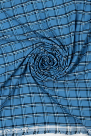 Blue Arvind Checks unstitched shirting fabric, woven cotton PC material with classic check pattern for men's shirts.