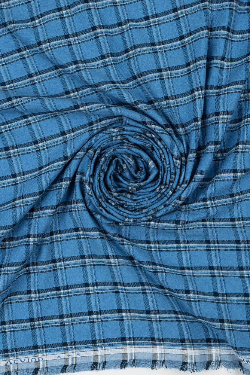 Blue Arvind Checks unstitched shirting fabric, woven cotton PC material with classic check pattern for men's shirts.