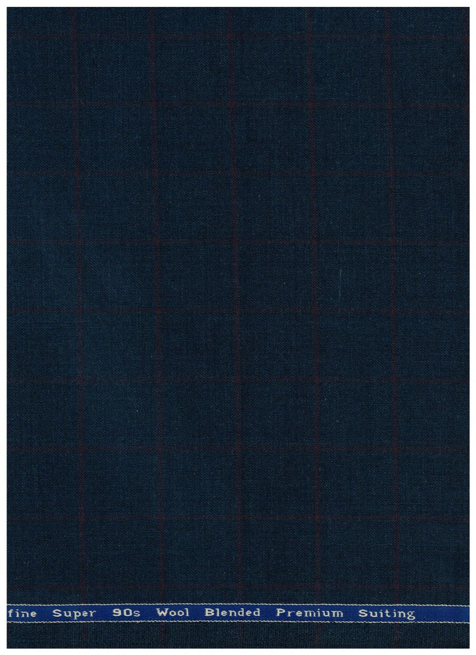 A close-up fabric swatch of dark navy blue wool-blend material with a subtle windowpane check pattern in a darker tone, featuring a blue text header at the top edge.