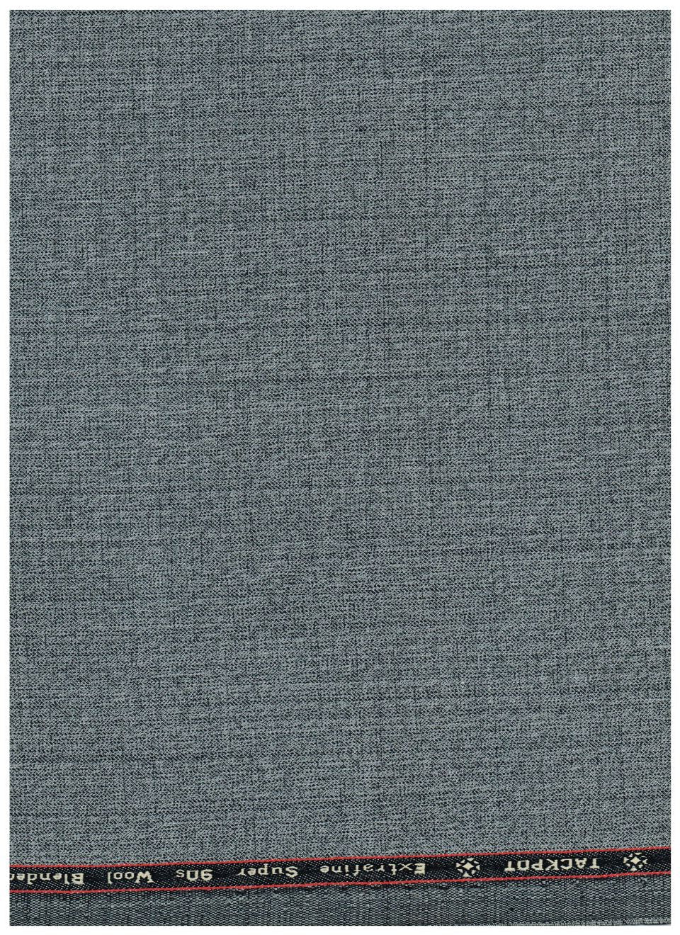 A close-up of a gray textured fabric sample with a branded tape along the top edge reading 'TACKPOT Extrafine Super 90s Wool Blends'.