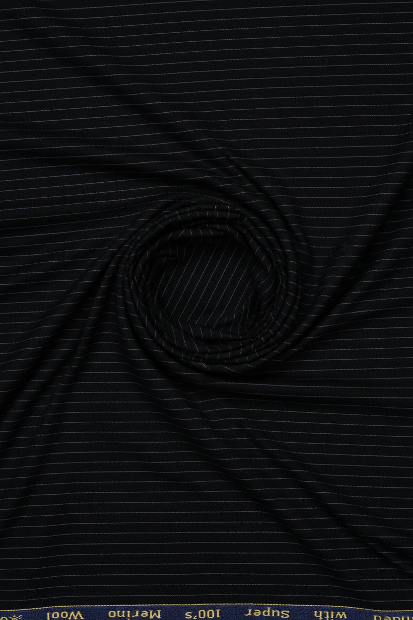 Black Arvind luxurious super 100s poly wool trouser and suiting fabric, unstitched textile for tailored suits.