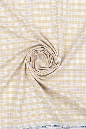 Light orange Arvind cotton checks unstitched shirting fabric with a classic check pattern, ideal for shirt sewing.