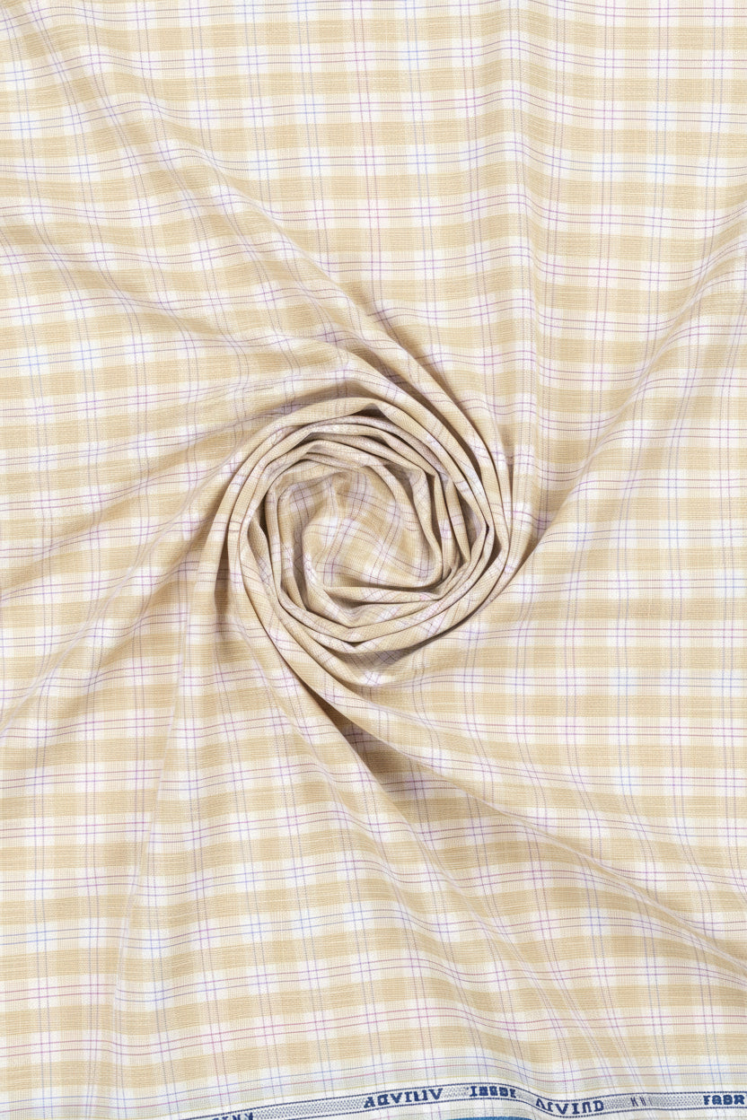 Light orange Arvind cotton checks unstitched shirting fabric with a classic check pattern, ideal for shirt sewing.