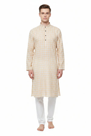 Light orange Arvind cotton checks shirting fabric with a woven pattern, unstitched and suitable for shirt making.