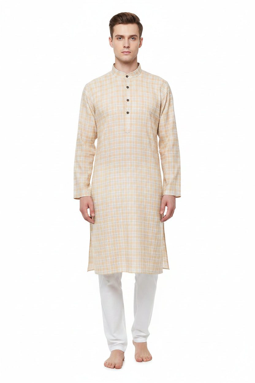 Light orange Arvind cotton checks shirting fabric with a woven pattern, unstitched and suitable for shirt making.