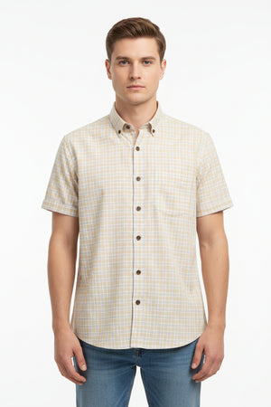 Light orange Arvind cotton checks unstitched shirting fabric, featuring a classic pattern suitable for custom shirts.